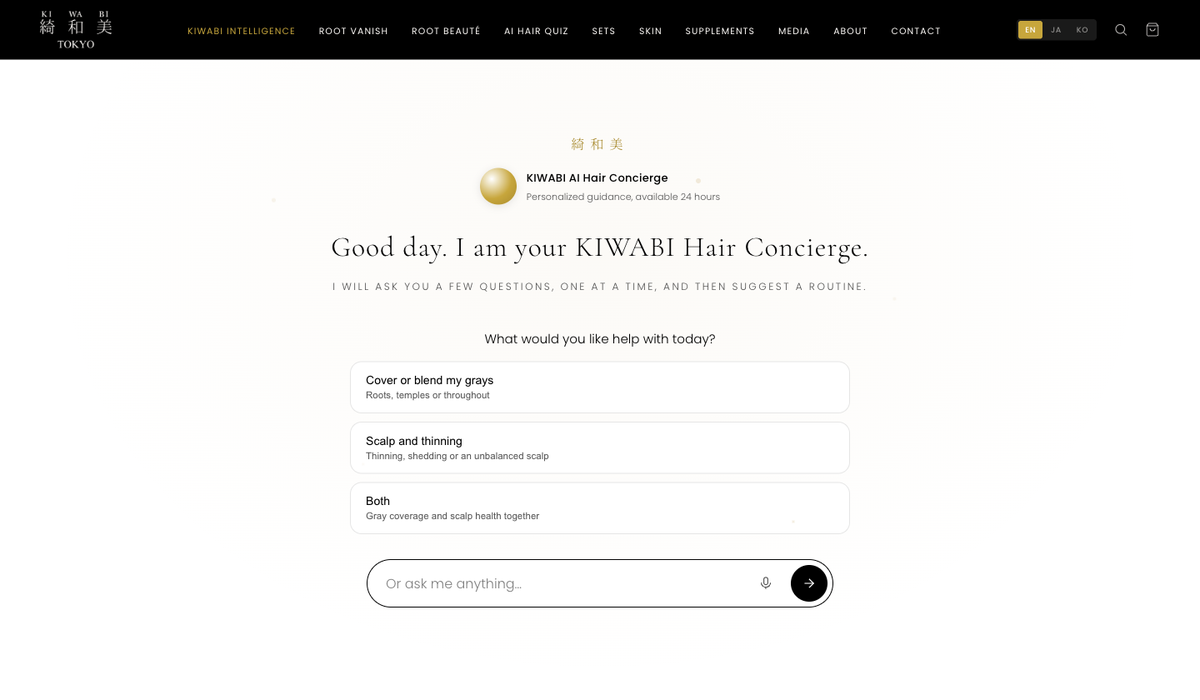The KIWABI AI Hair Concierge opening screen, offering help with gray coverage, scalp and thinning, or both.